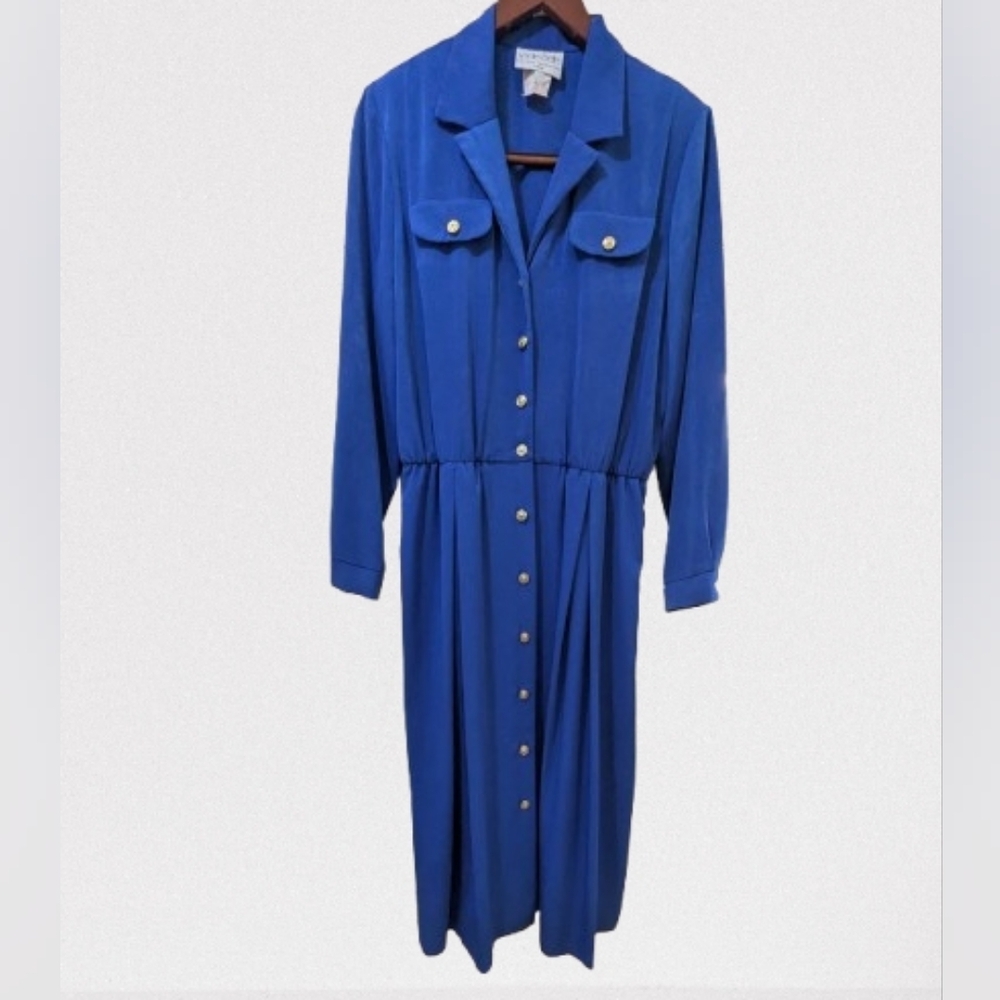 Vintage 70s Blue Long Sleeve Shirt Dress Midi Belted Leslie Belle Sz 14